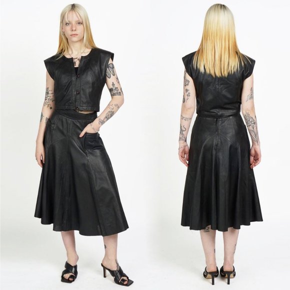 VINTAGE Real Leather Black Top Midi Skirt Set Suit - Picture 3 of 3